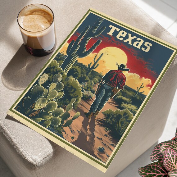 Texas Cowboy At Sunset Among Saguaro Cacti Vintage Western Travel Poster