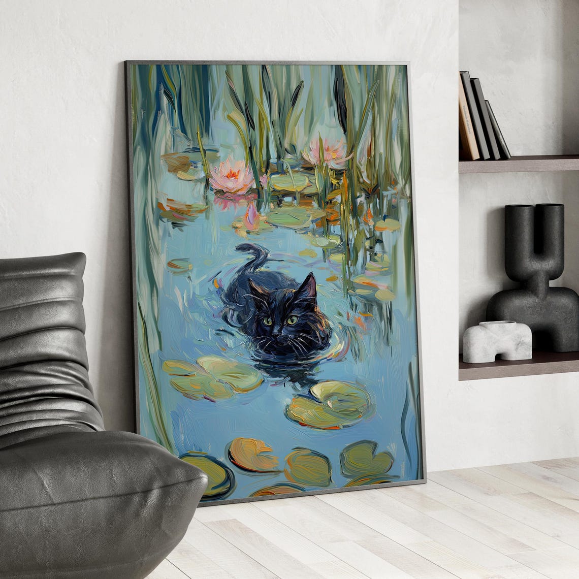 Black Cat Swimming In Monet Inspired Water Lily Pond Painting Poster