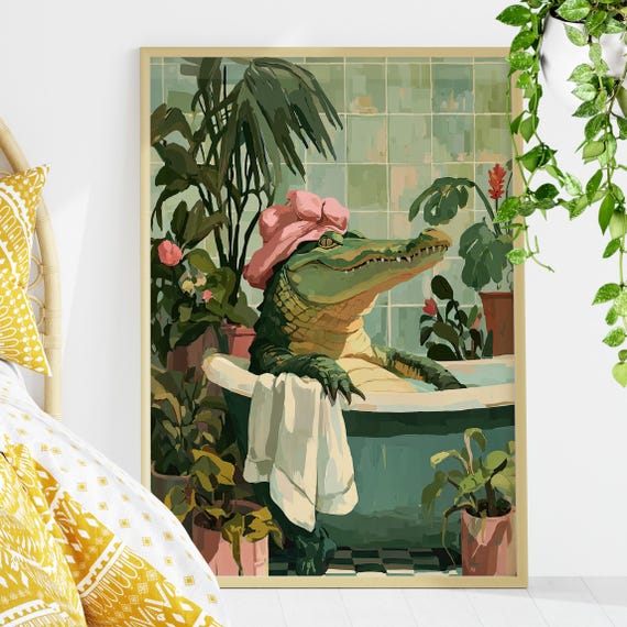 Alligator In The Bathtub Wall Art Poster Or Canvas Print Funny Bathroom Botanical Maximalist Animal Decor
