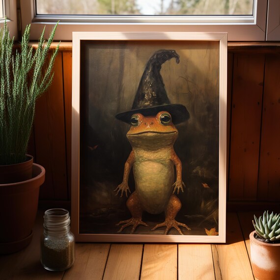 Oil Painting Style Witch Frog Wall Art Print Or Canvas Moody Animal Vintage Poster Dark Academia For Lover