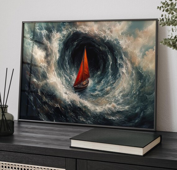 Red Sailboat Caught In Stormy Whirlpool Vortex Moody Ocean Poster