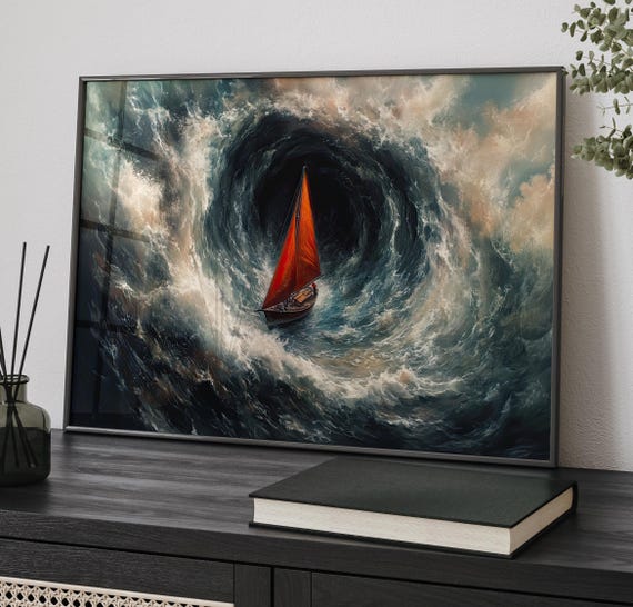Small Sailboat In Stormy Whirlpool Vortex At Sea Art Poster Or Canvas Print Moody Ocean Wall Dark Waterhouse Style Nautical
