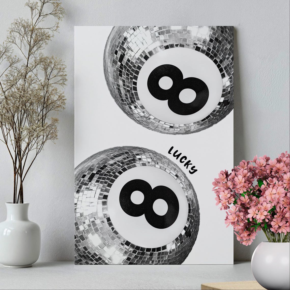 Lucky 8 Ball Disco Ball Black White Trendy Game Room Wall Poster - Image 2
