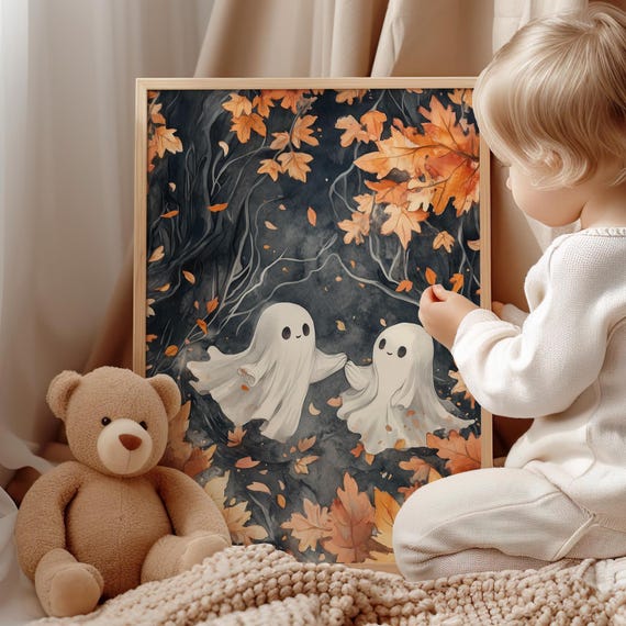 Cute Ghosts Playing In Autumn Leaves Whimsical Wall Art Poster Or Canvas Print Halloween Decor Fall