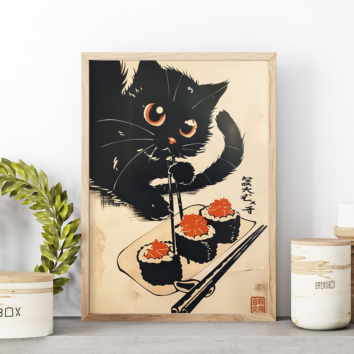 Kawaii Black Cat Eating Sushi With Chopsticks Japanese Poster