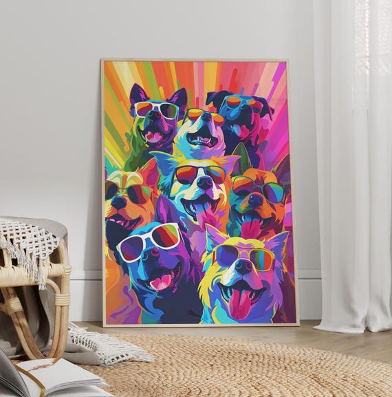 Funny Dogs Wearing Sunglasses Colorful Pop Art Inspired Poster Or Canvas Print Modern Unique Dog Quirky Animal Lovers Gift
