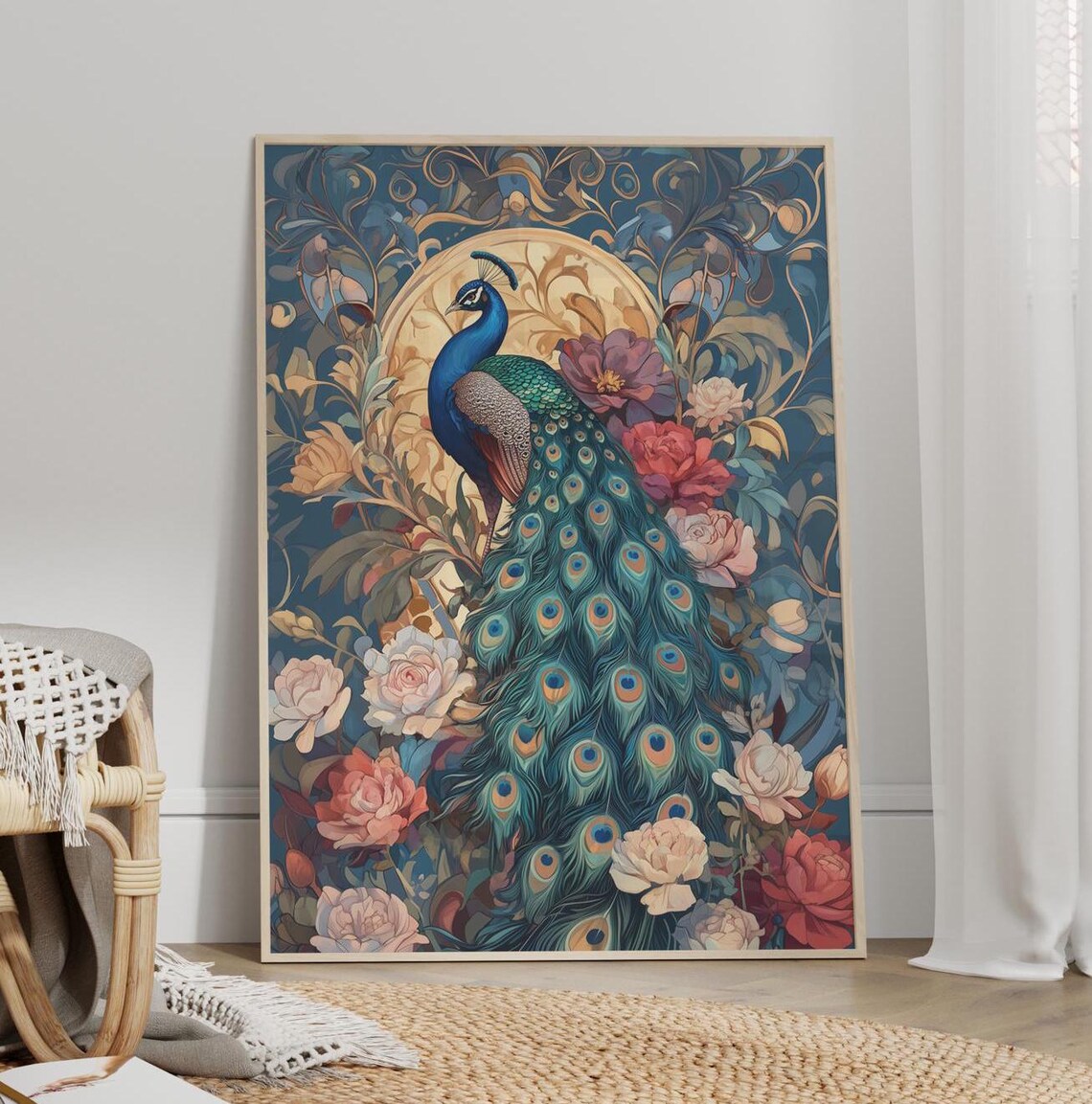 Majestic Peacock Among Golden Art Nouveau Florals Jewel Toned Poster