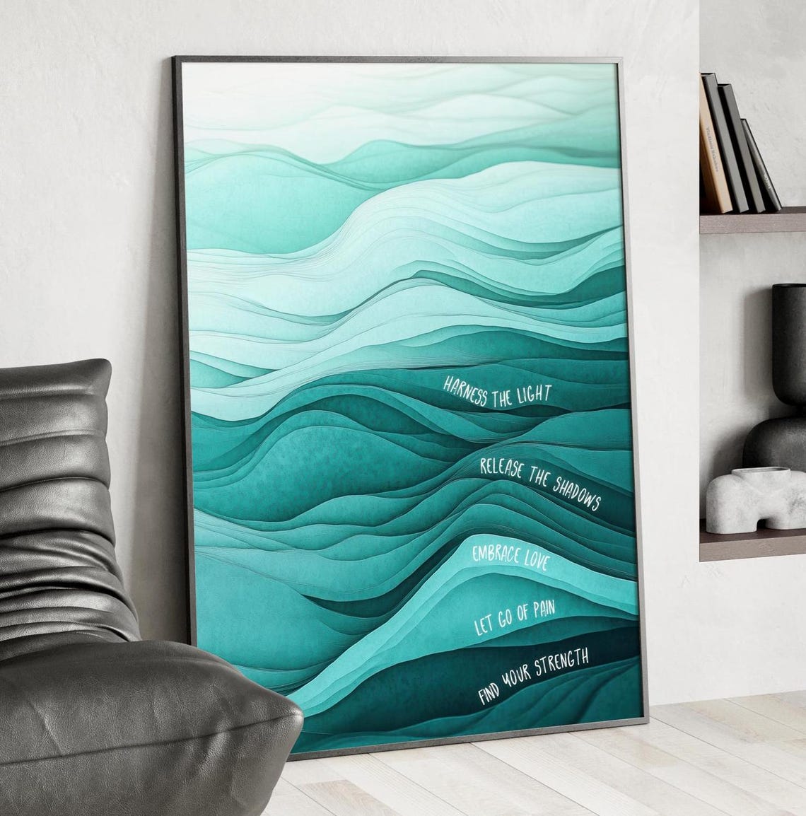 Harness the Light Inspirational Quote Teal Wave Abstract Wall Art