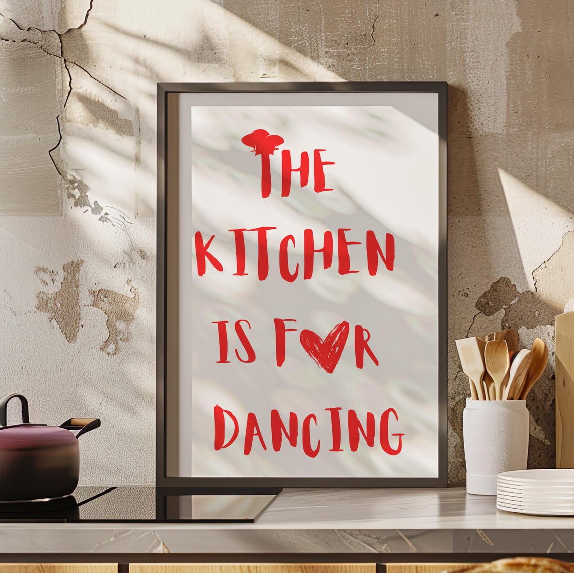 The Kitchen Is For Dancing Red Hand Lettered Quote Wall Poster