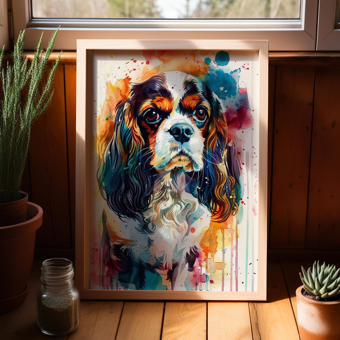 Colorful Cavalier King Charles Spaniel Watercolor Dog Poster