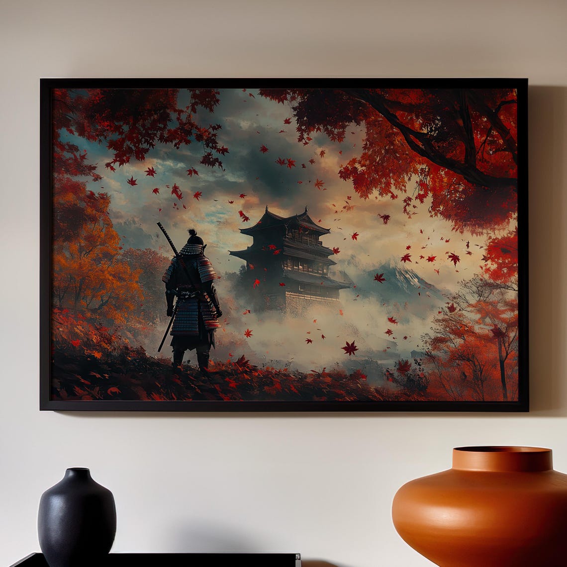 Samurai Warrior Autumn Castle Japan Red Maple Warrior Poster