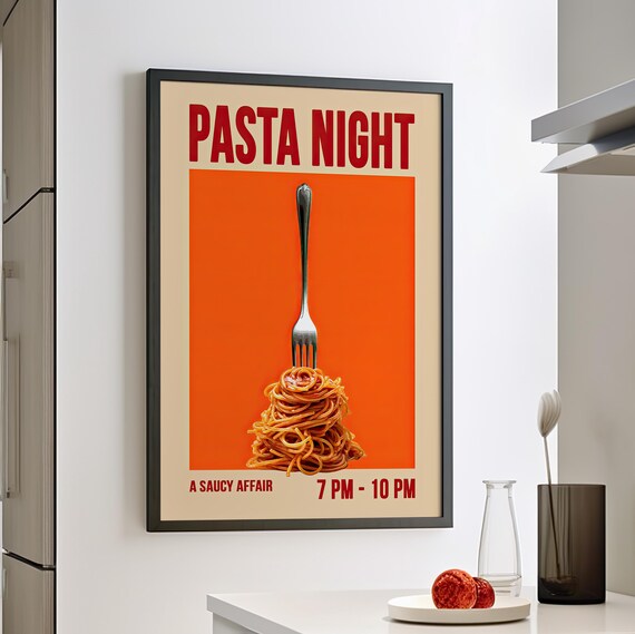 Pasta Night A Saucy Affair Spaghetti Twirl Orange Retro Food Art Poster