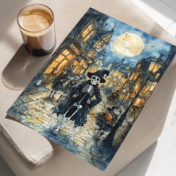 Skeletons In The City Under Moon Sky Watercolor Painting Poster Or Canvas Dark Academia Skeleton Halloween Street Whimsigoth Wall Art