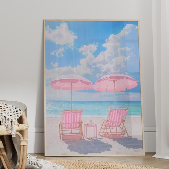 Pink Beach Umbrellas Coastal Summer Seaside Oil Painting Poster