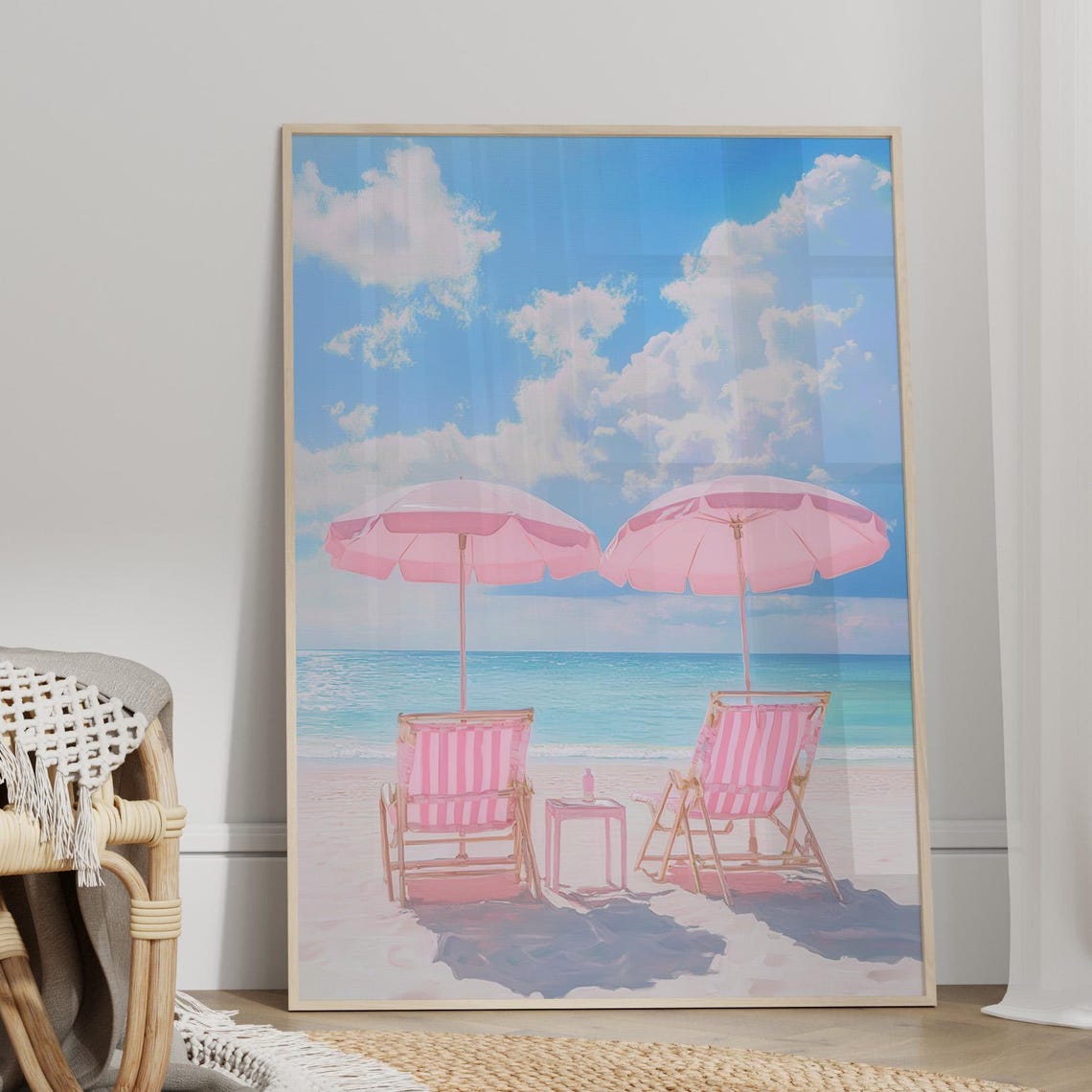 Pink Beach Umbrellas Coastal Summer Seaside Oil Painting Poster