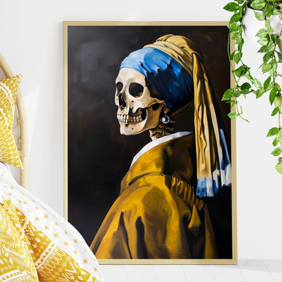 Skeleton Girl With Pearl Earring Art Print Or Canvas Vintage Famous Painting Dark Academia Altered Johannes Vermeer Poster