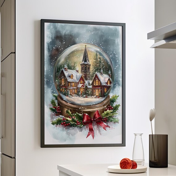 Christmas Village Inside a Snow Globe Holiday Watercolor Art Print