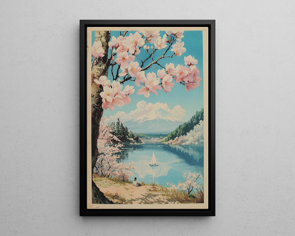 Mount Fuji Cherry Blossom Lake Sailboat Vintage Japan Travel Poster
