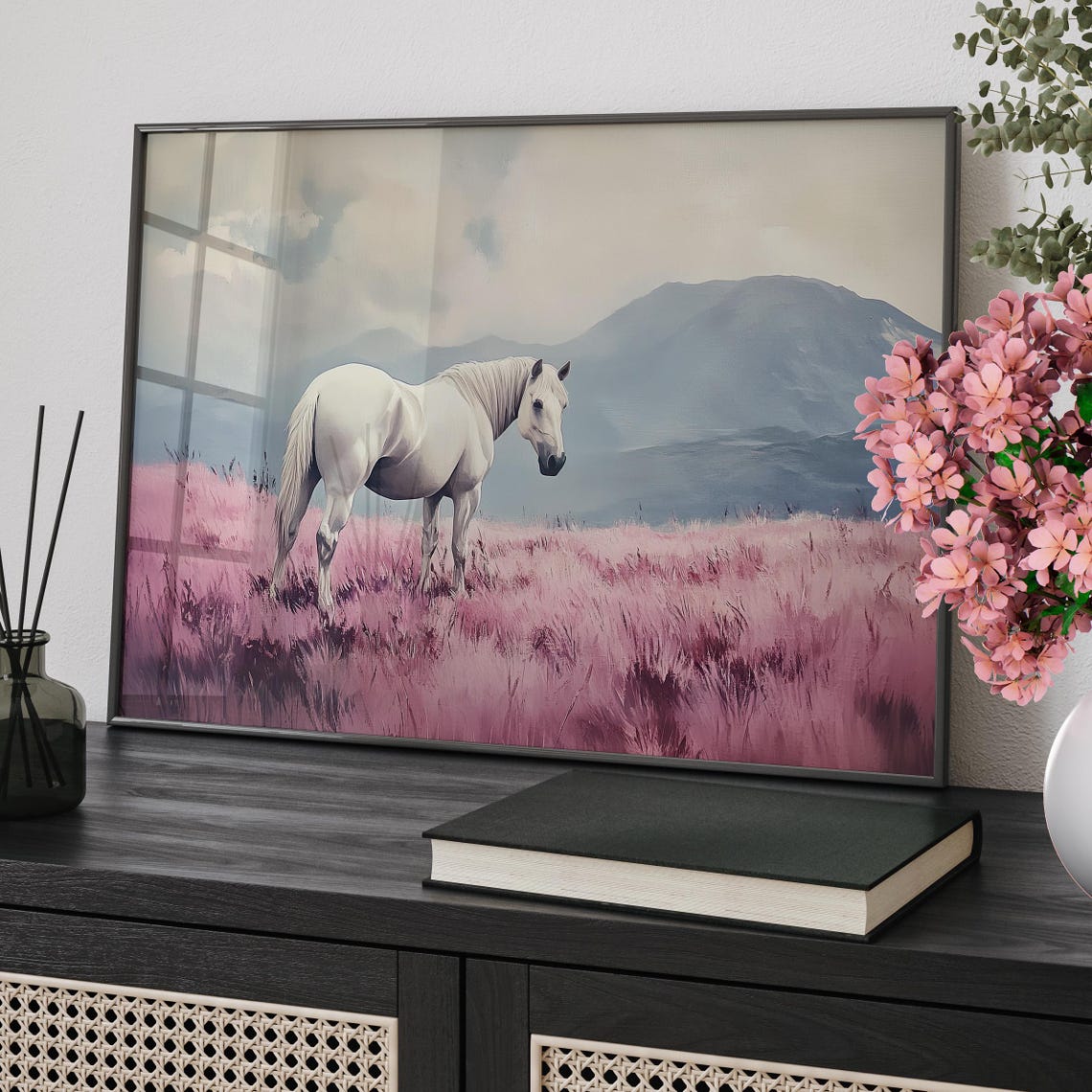 White Horse Standing In A Dreamy Pink Meadow Landscape Wall Art