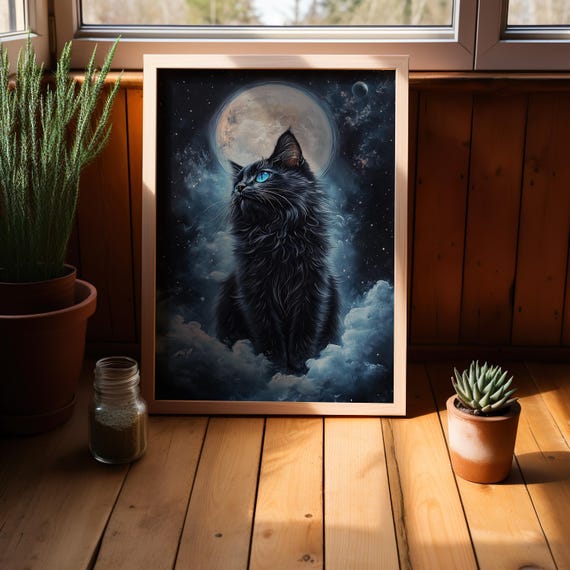 Furry Black Cat With Blue Eyes On The Clouds Under Moon Poster Or Canvas Print Celestial Art Surreal Mystical