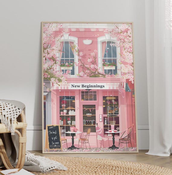 New Beginnings Cafe Pink Floral Wall Art Poster Or Canvas Print Cherry Blossoms Botanical Coffee Japanese Girly