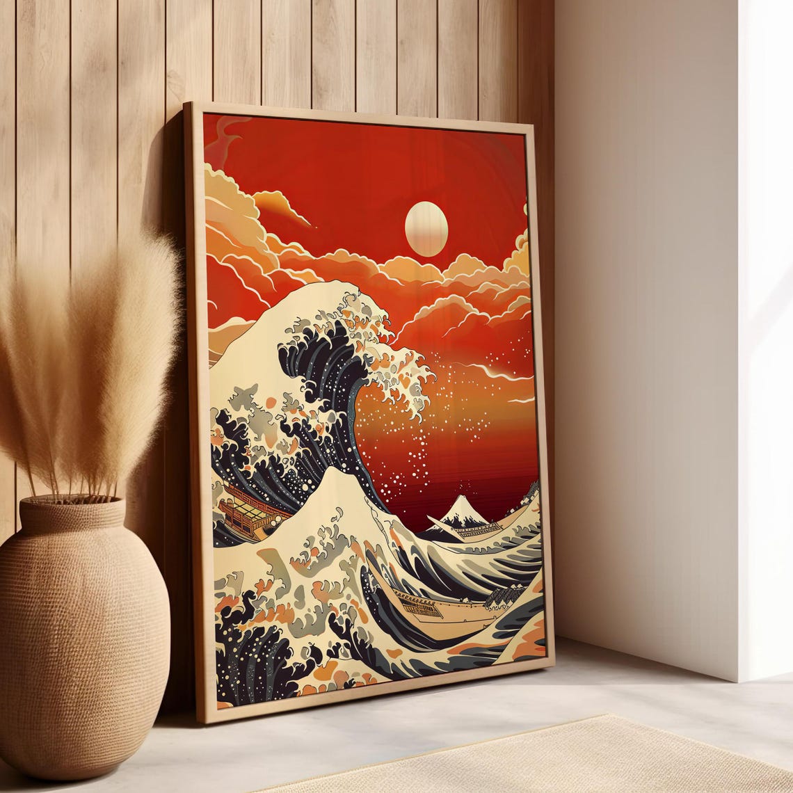 Japanese Great Wave Red Sunset Sky Mount Fuji Ukiyo-e Style Poster