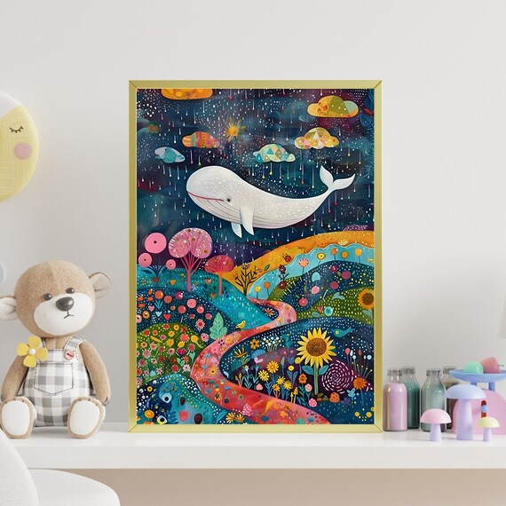 White Whale Swimming in the Sky Colorful Nursery Wall Poster