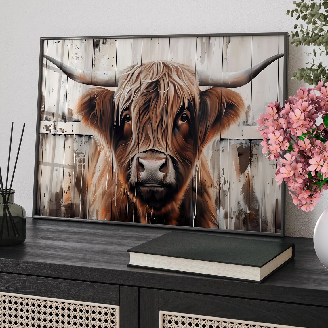 Shaggy Highland Cow Close-Up on Rustic Wood Farmhouse Poster