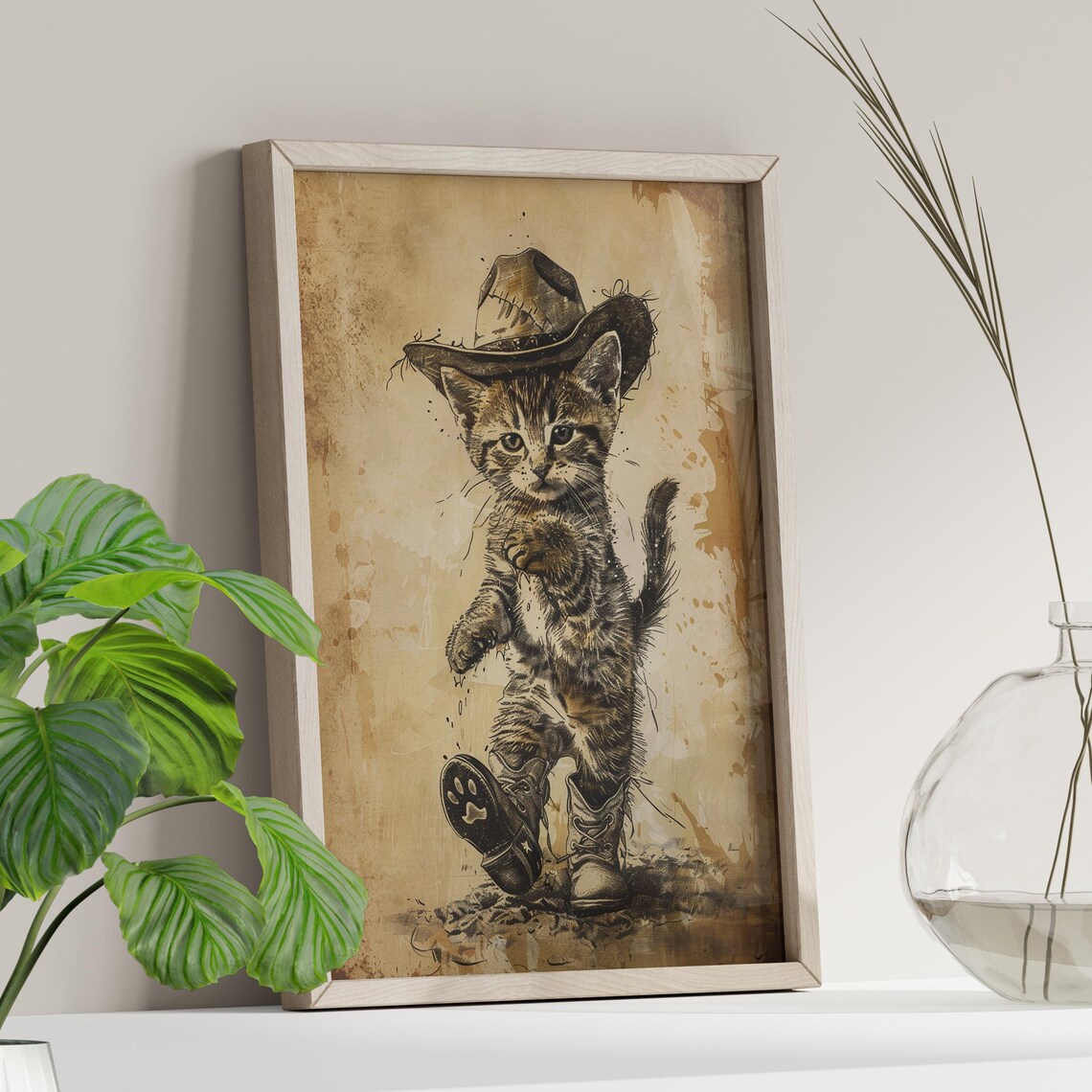 Adorable Cowboy Kitten in Vintage Western Outfit Funny Tabby Cat Poster