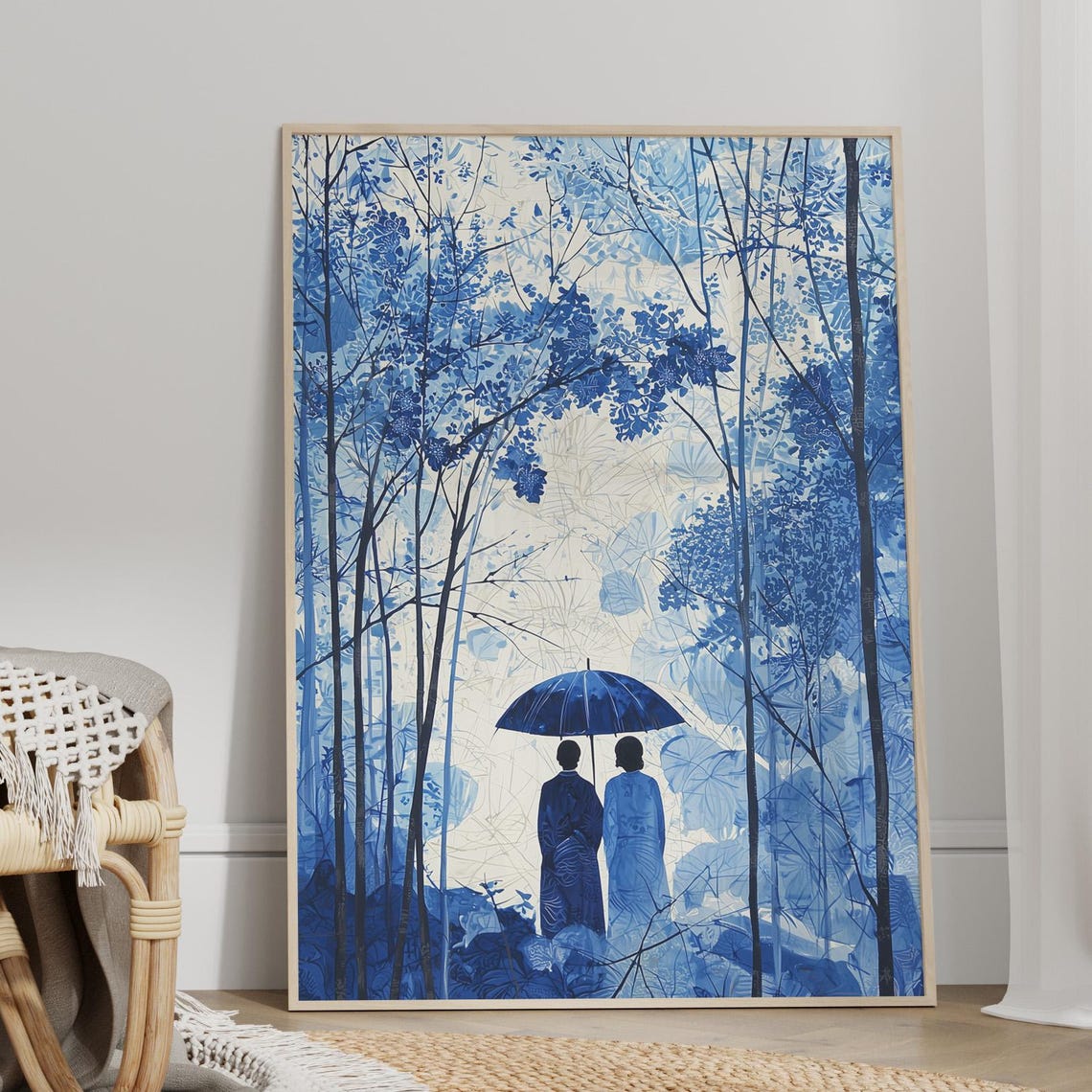 Blue Forest Umbrella Couple Monochrome Asian Landscape Painting Print - Image 4