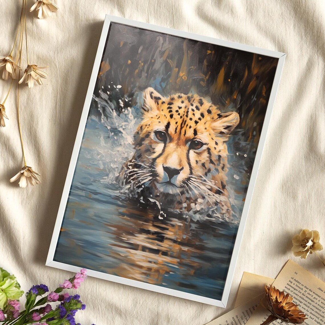 Swimming Cheetah Cub Realistic Oil Painting Wild Feline Art Poster