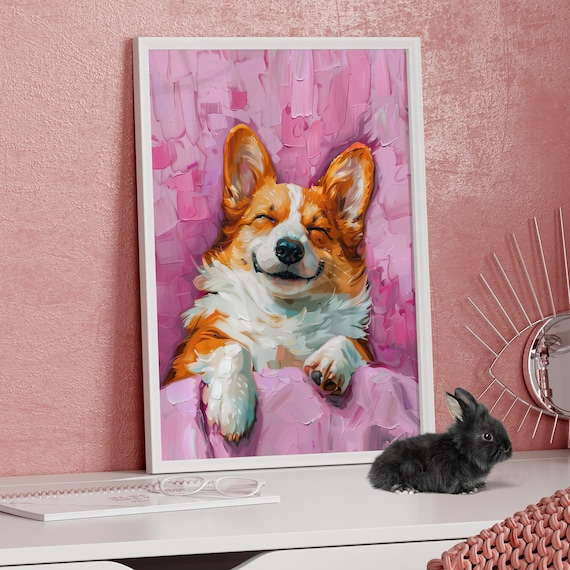 Cute Corgi Sleeping Purple Oil Painting Poster Or Canvas Print Funny Pet Portrait Quirky Dog Animal Art Bedroom Decor