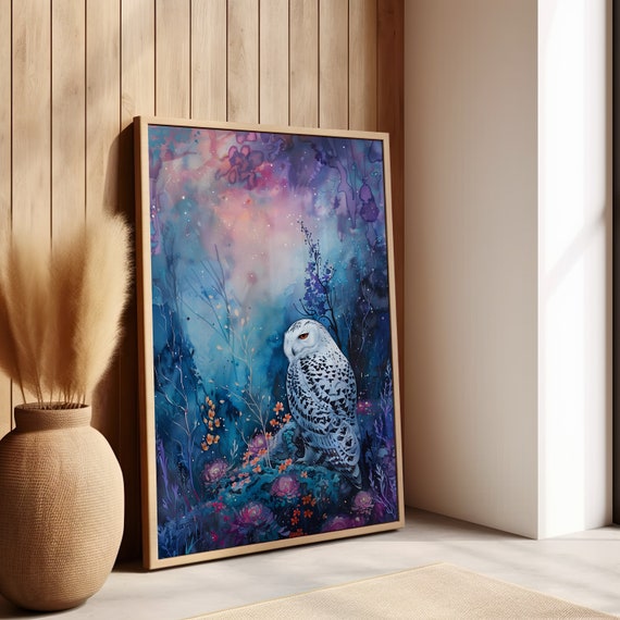 Blue Purple Owl Night Print Or Canvas Fantasy Poster Nature Enchanted Painting Mystical Art Home Decor Maximalist Nursery Wall