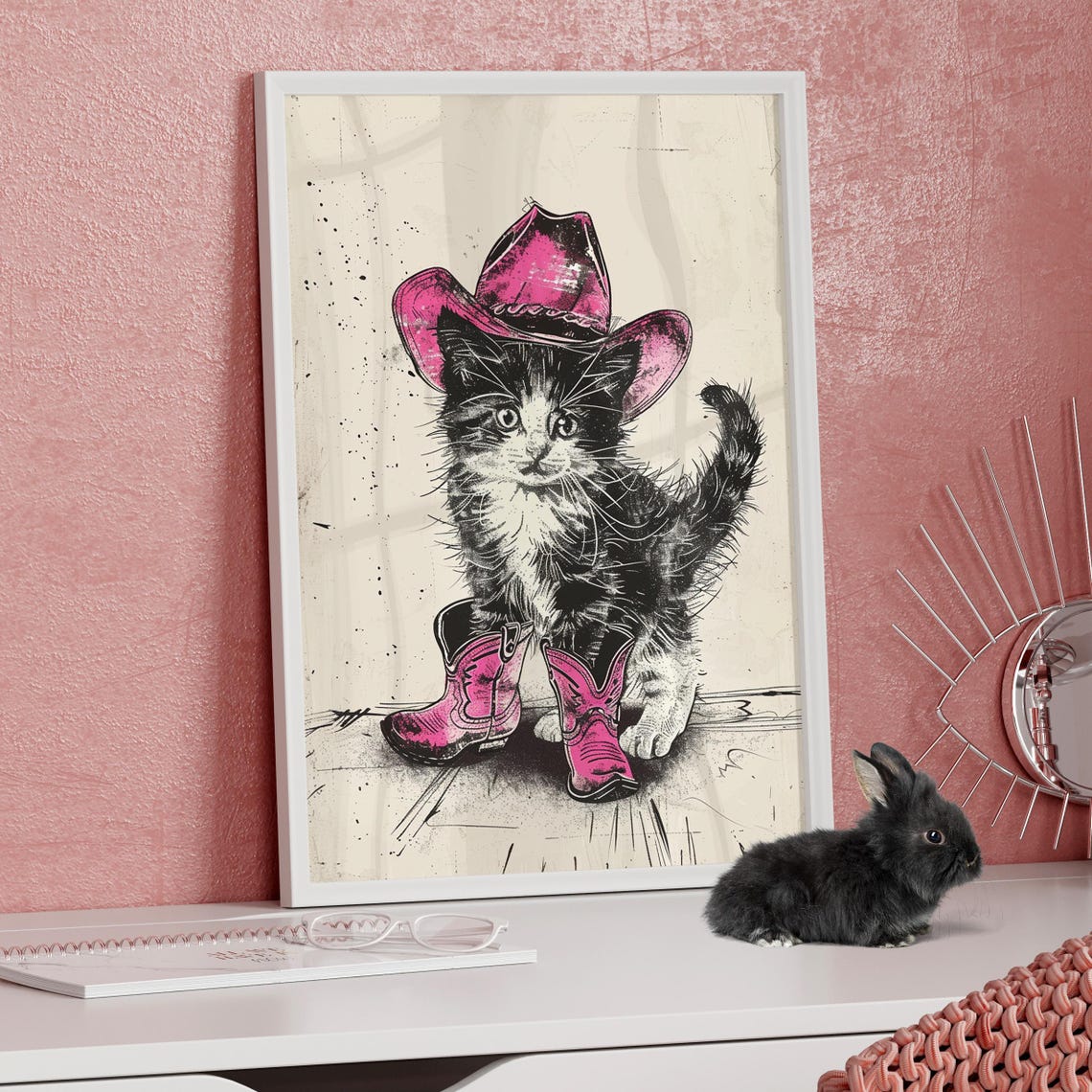 Cowboy Kitten In Pink Hat And Boots Western Nursery Funny Cat Poster