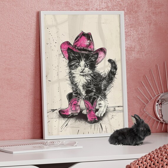 Whimsical Pink Hat And Boots Vintage Cowboy Cat Art Print Or Canvas Drawing Retro Cute Humorous Farmhouse Funny Animal Nursery Decor