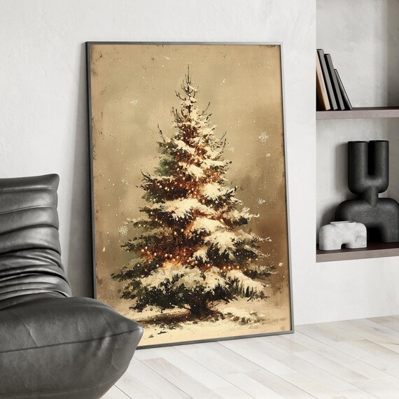 Vintage Snowy Christmas Tree Muted Gold Antique Holiday Wall Art