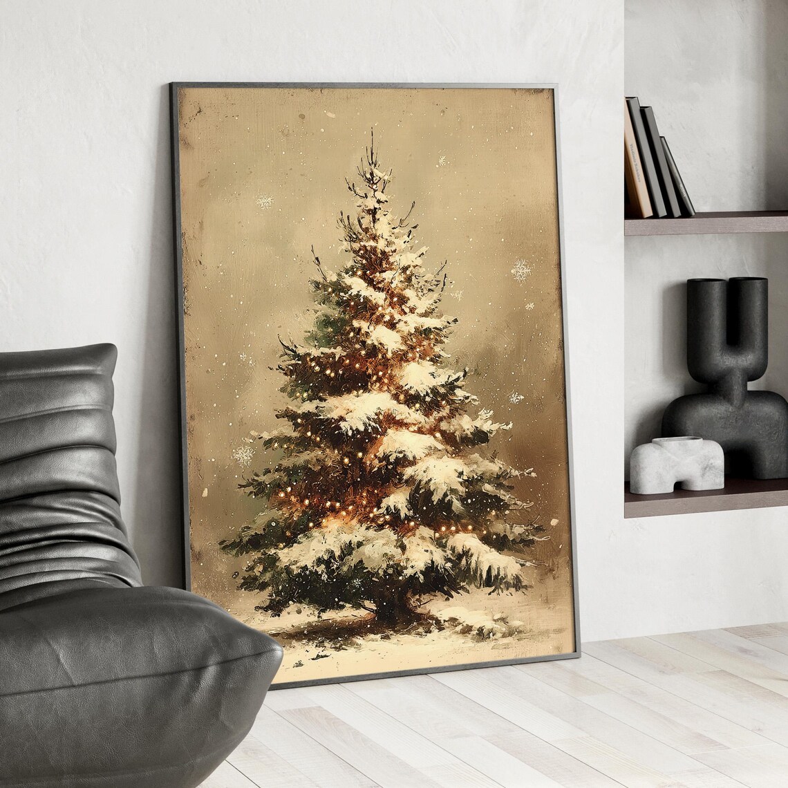Vintage Snowy Christmas Tree Muted Gold Antique Holiday Wall Art