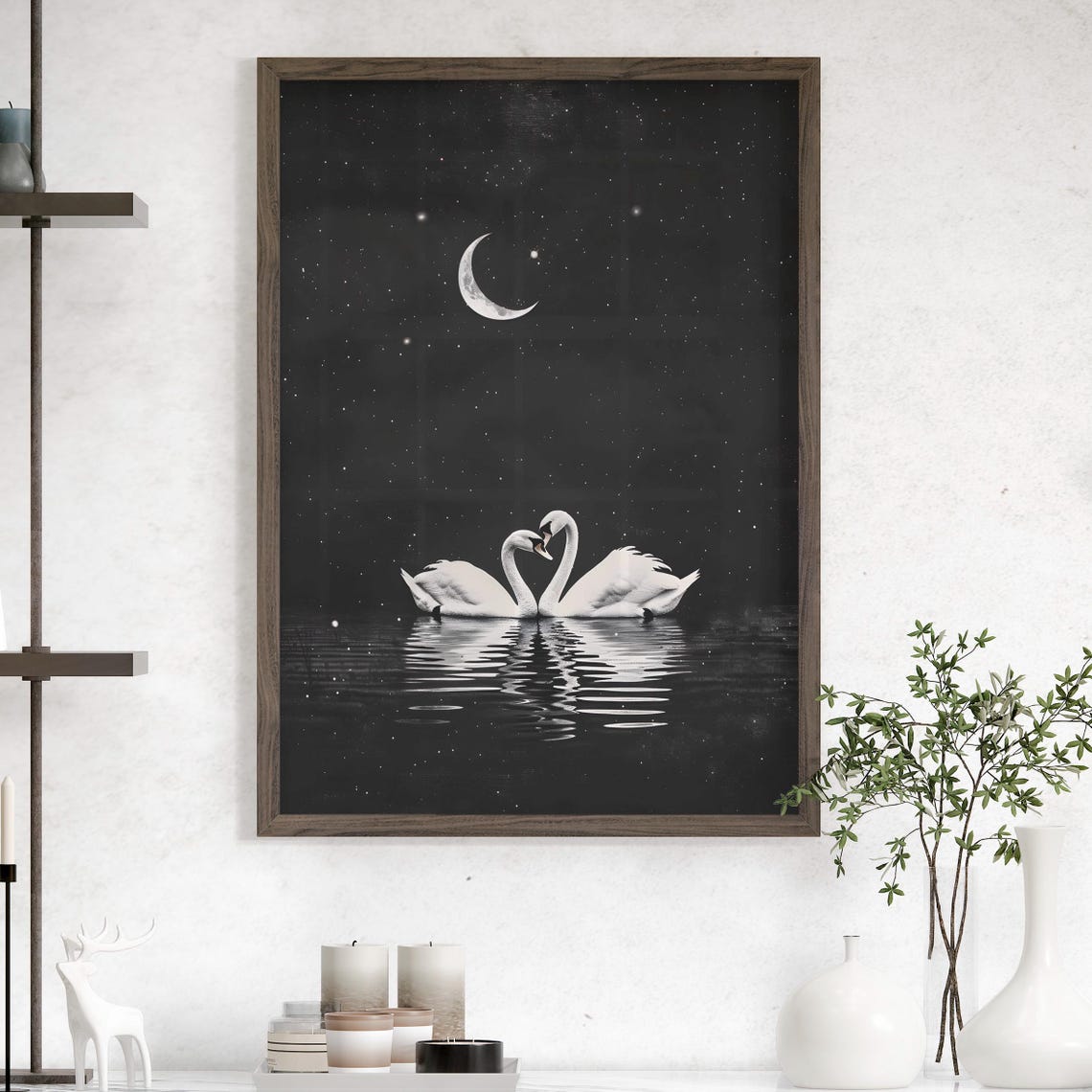 Two White Swans Under Starry Night Moonlight Romantic Poster
