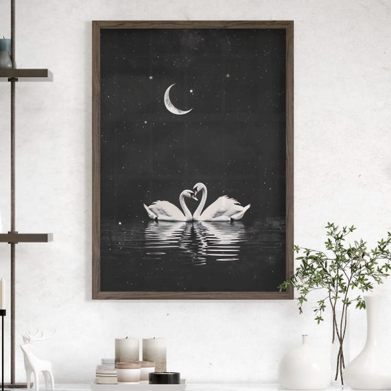 Black And White Romantic Swan Art Print Or Canvas Starry Night Moody Wall Modern Painting Vintage Minimalist Nursery