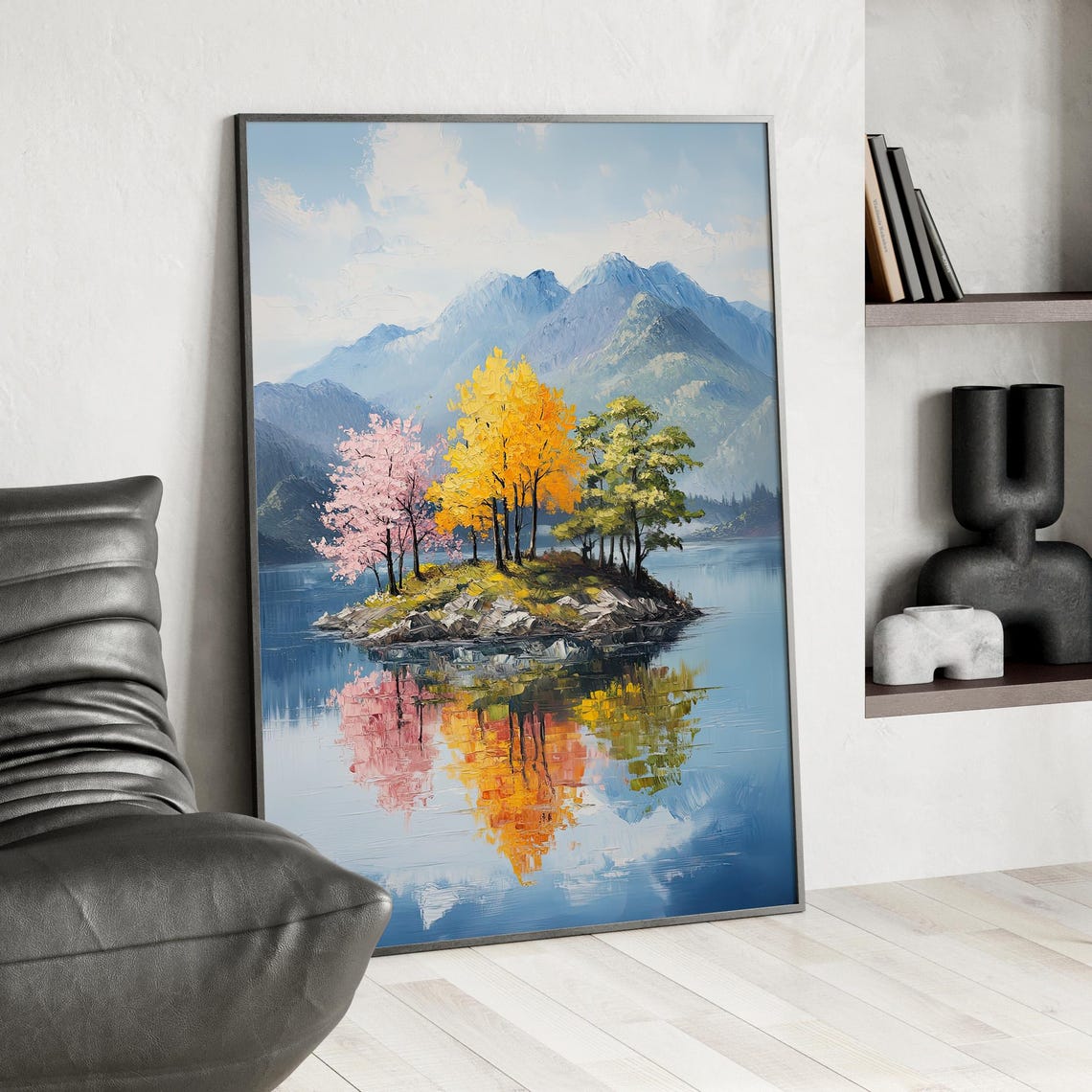 Colorful Island Trees Lake Reflection Mountain Landscape Poster