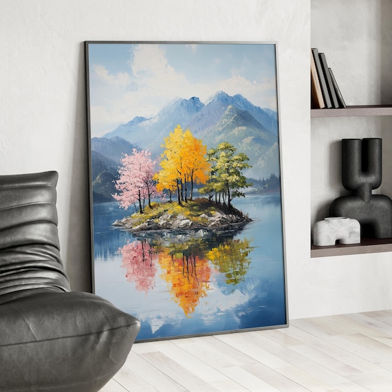Colorful Island Trees Lake Reflection Mountain Landscape Poster