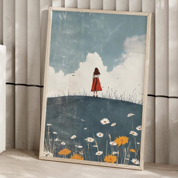Woman Art Print Or Canvas Modern Rural Scenery Botanical Poster Girl Bedroom Decoration Floral Field Sky Storybook