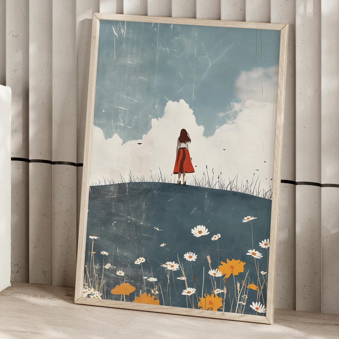 Girl In Red Dress Daisy Hill Whimsical Storybook Meadow Art Print