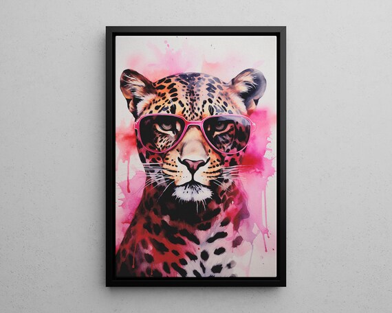 Leopard Wearing Pink Sunglasses Watercolor Preppy Animal Art Poster