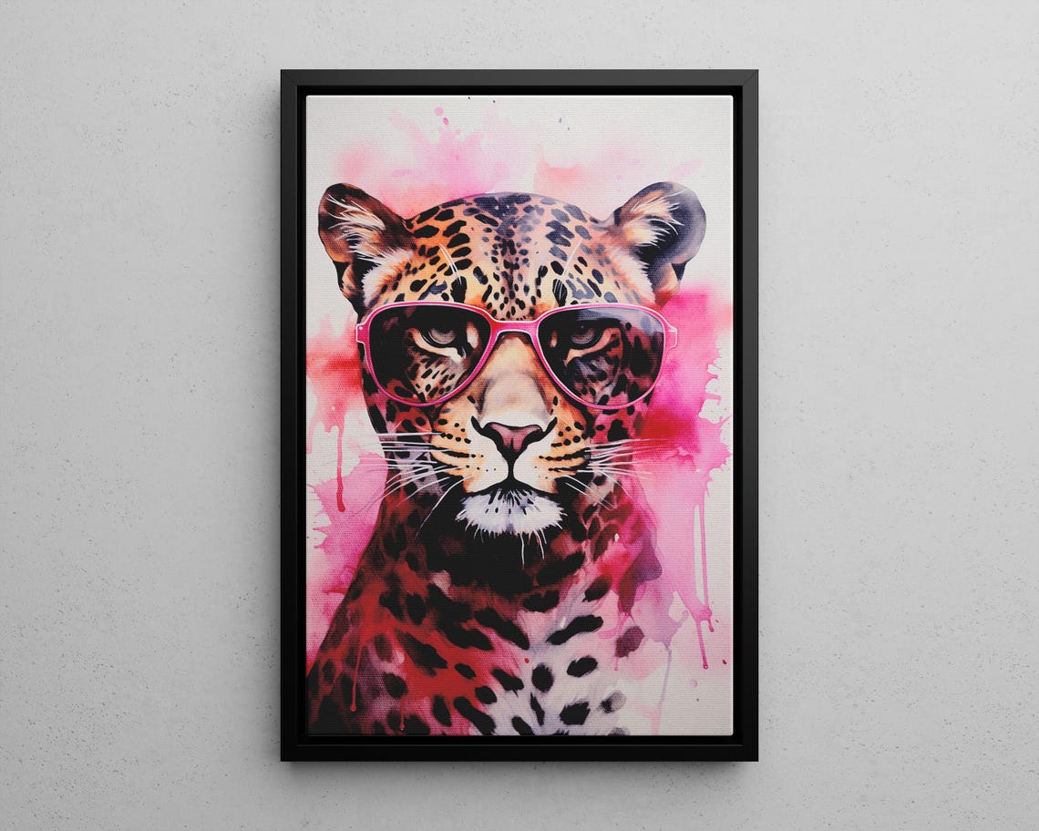 Leopard Wearing Pink Sunglasses Watercolor Preppy Animal Art Poster