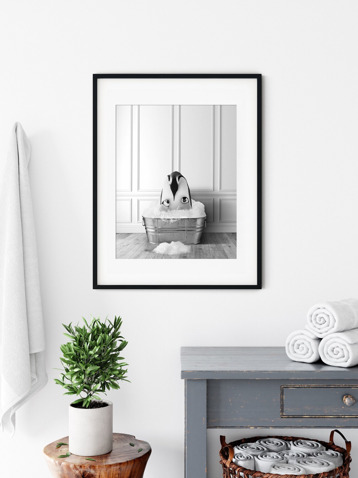 Penguin Family In Tub Bathroom Art Print
