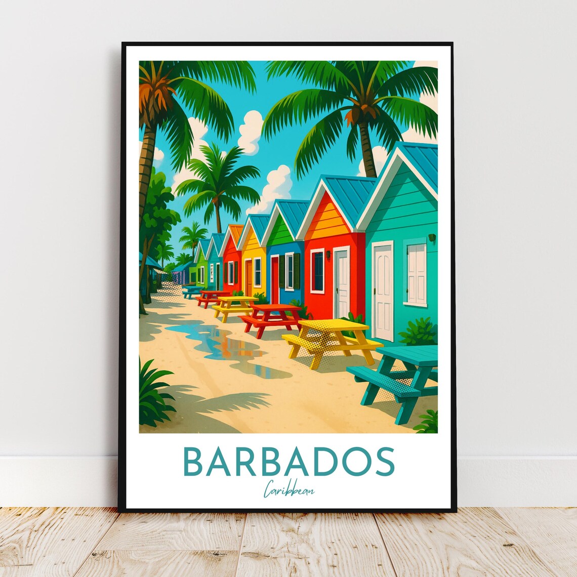 Barbados Caribbean Colorful Beach Huts Palm Trees Tropical Poster