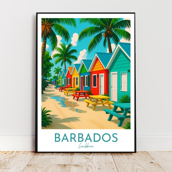 Barbados Caribbean Colorful Beach Huts Palm Trees Tropical Poster