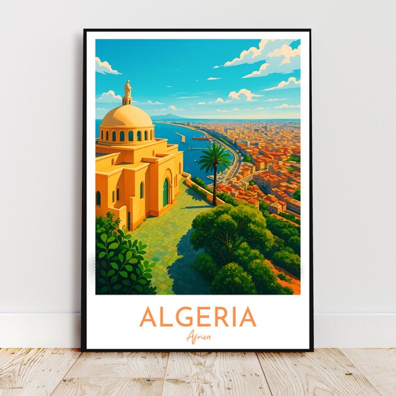 Algeria Mediterranean Coastline Hilltop Church Travel Poster