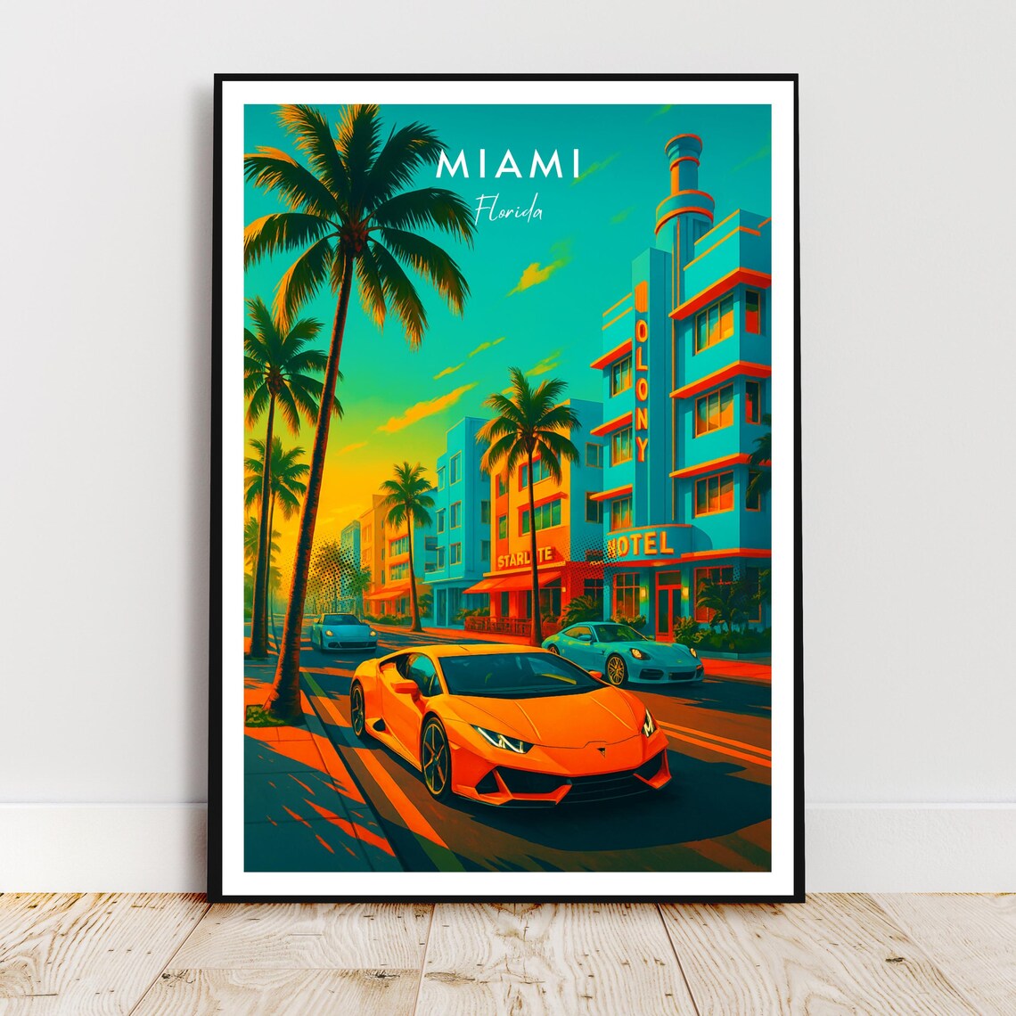 Miami Florida Ocean Drive Art Deco Colony Hotel Sunset Street Poster